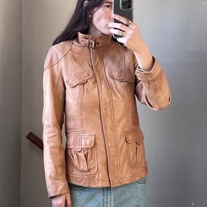 Vintage Y2K Eddie Bauer Tan Lamb Leather Jacket Funnel Mock Neck Moto Biker